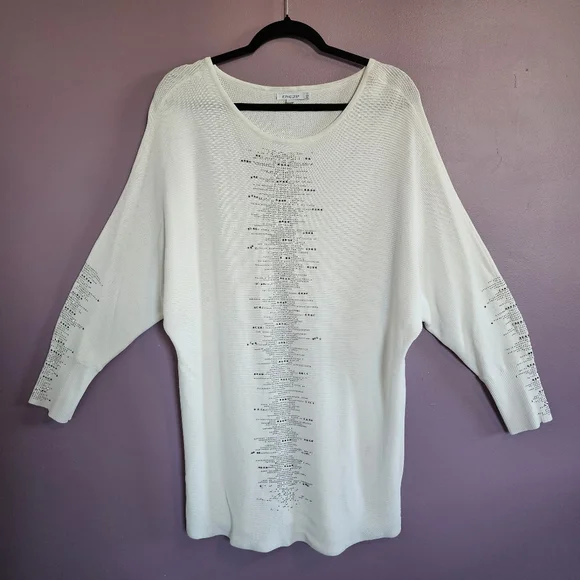 Chico's White Knit Silver Rhinestone Oversized Dolman Sleeve Sweater Tunic - Picture 1 of 12